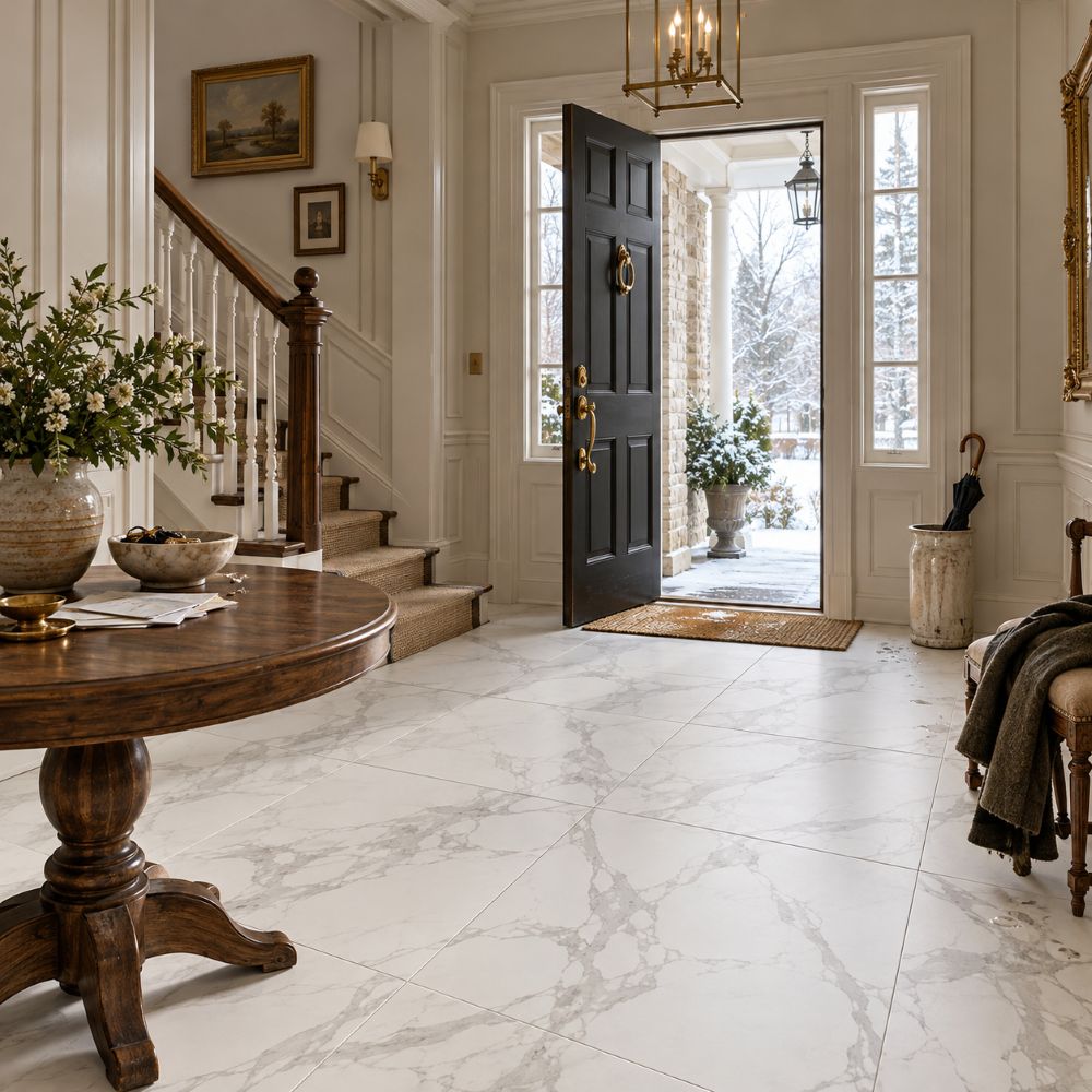 Statu matte porcelain tile with a marble look in an entry hall.