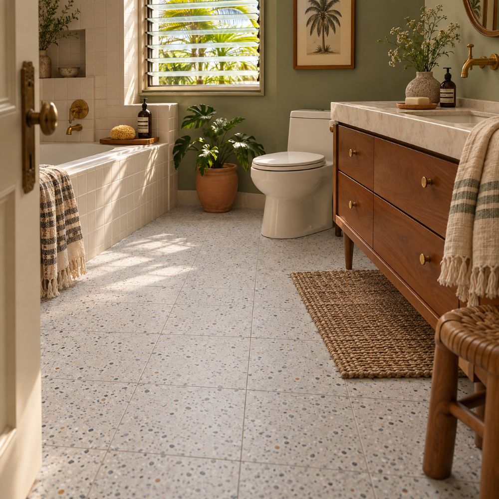 Sandy matte terrazzo 8x8 floor tile in an older condo bathroom remodel in San Juan, Puerto Rico
