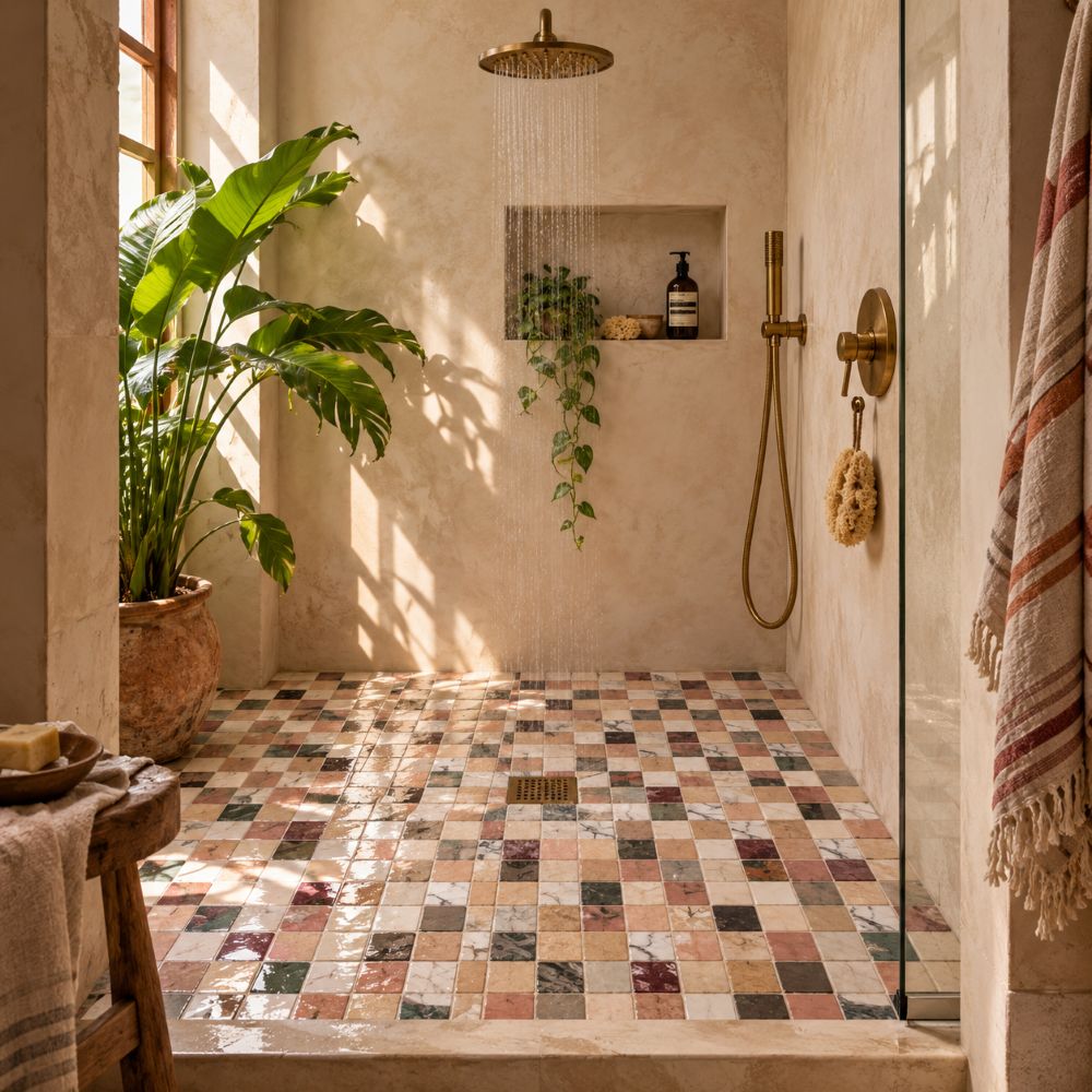 Marble mosaic shower floor in a humid San Juan bathroom