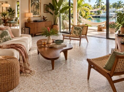 Terrazzo tile living room floor in a Pompano Beach home.