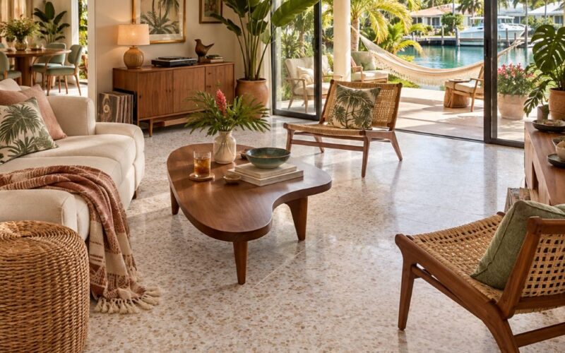 Terrazzo tile living room floor in a Pompano Beach home.