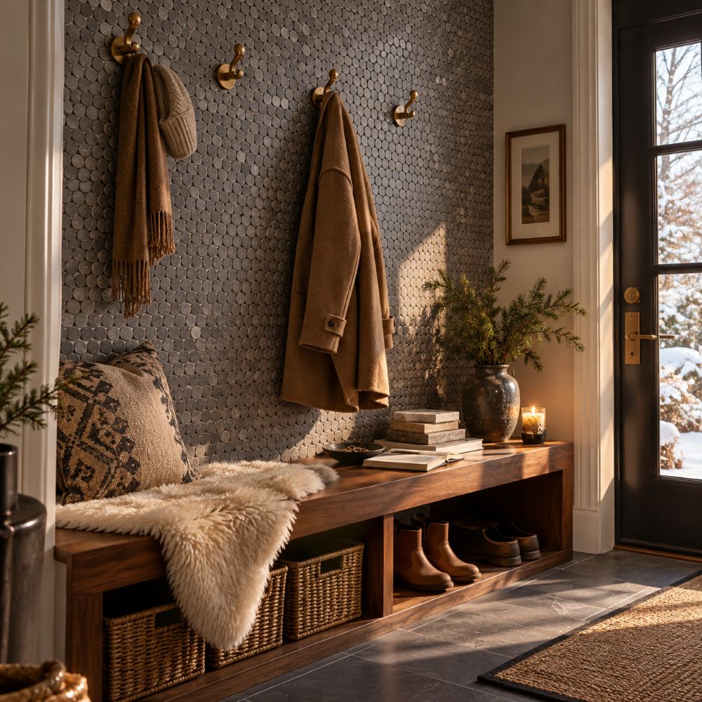 Honed Silver Drop penny round marble mosaic wall in a Fairfax and New Jersey winter mudroom.