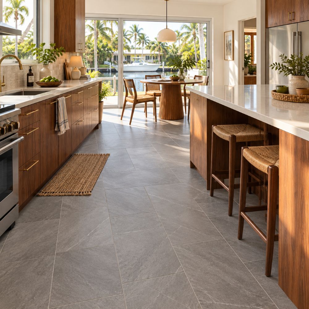 Gray stone look porcelain tile floor in a Pompano Beach kitchen.