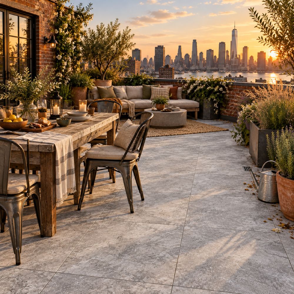 Silver porcelain roof deck pavers on a rooftop terrace, NY/NJ Metro Area.