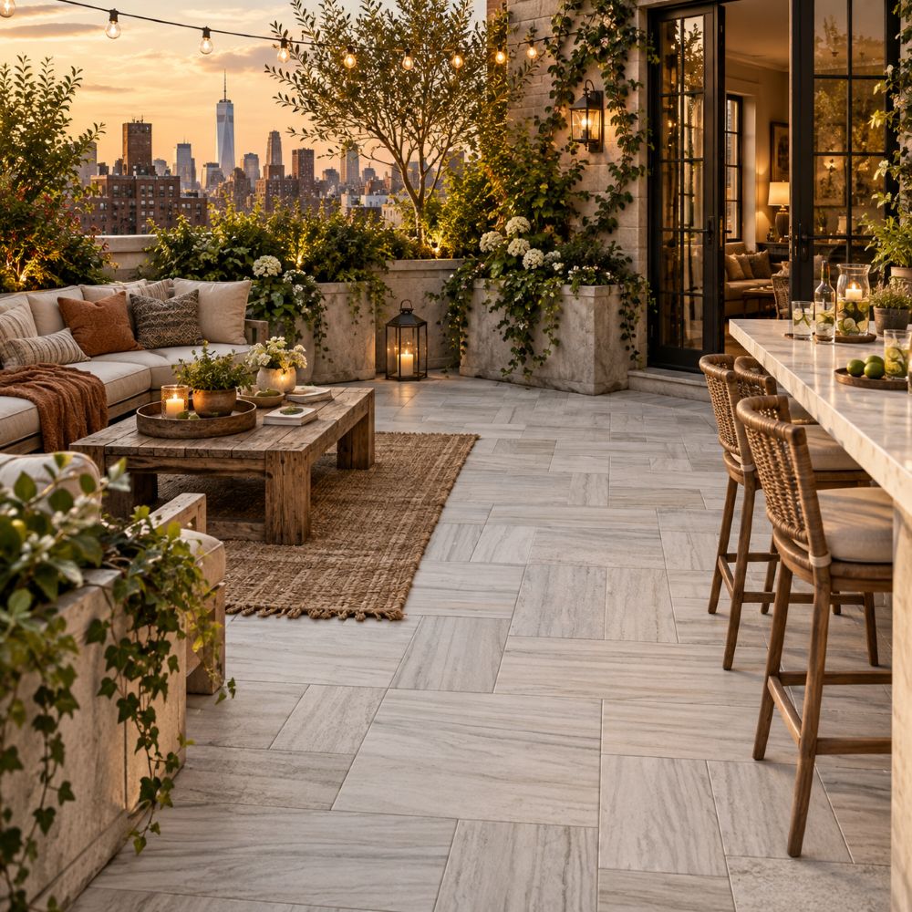 Gray textured marble pavers on a NY/NJ Metro Area townhouse terrace.