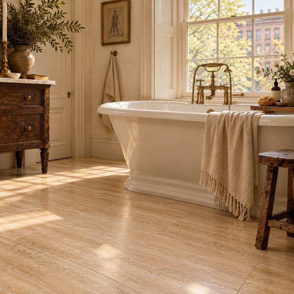 Ivory travertine bathroom floor in a NYC bathroom.