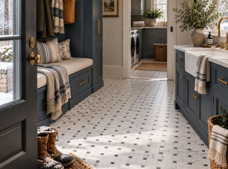 Honed marble basket weave mosaic tile in mudroom.