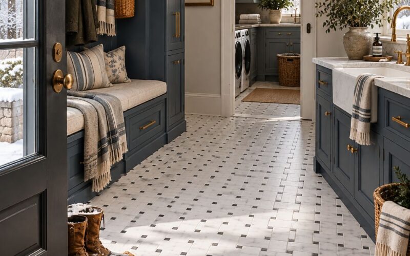 Honed marble basket weave mosaic tile in mudroom.