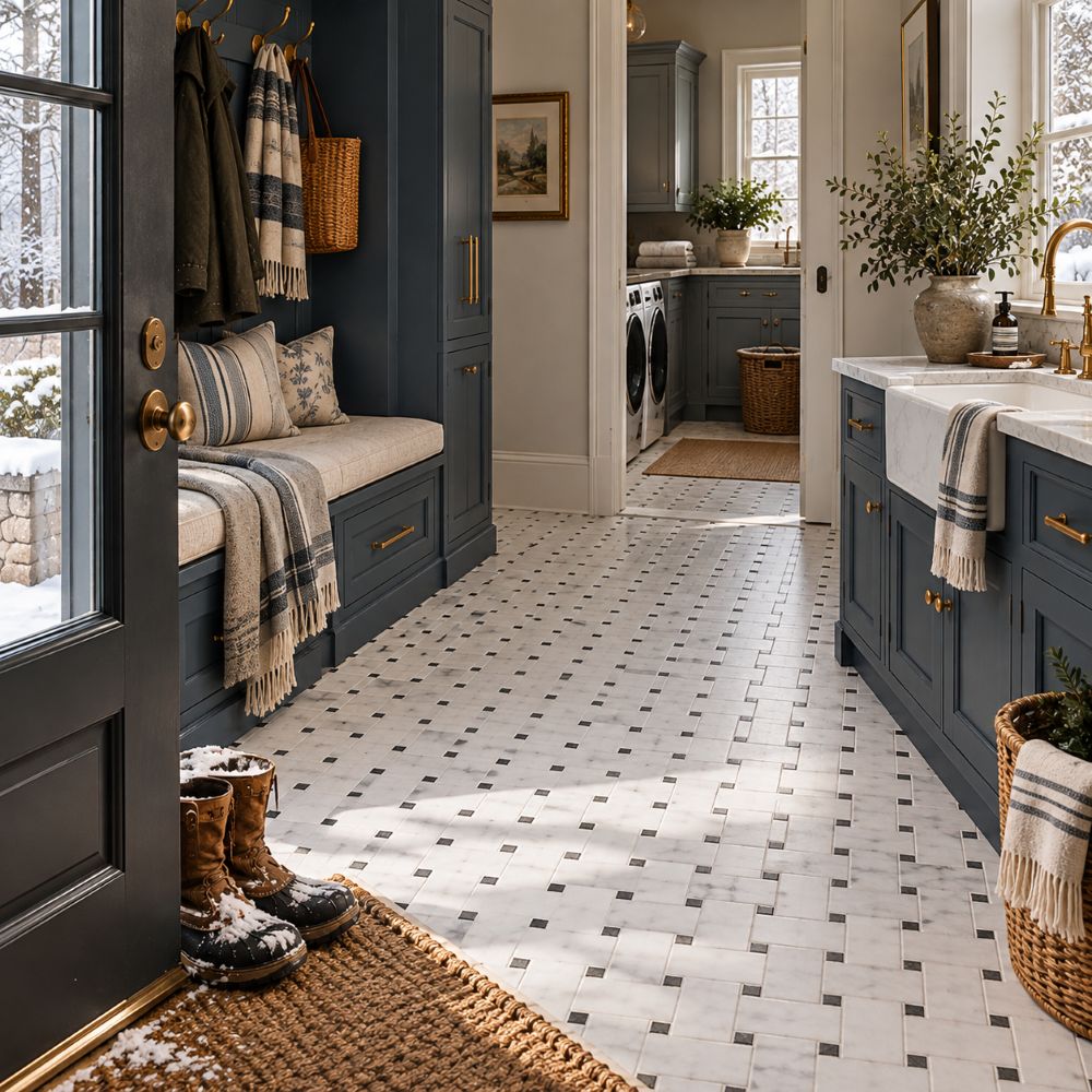 Honed marble basket weave mosaic tile in mudroom.