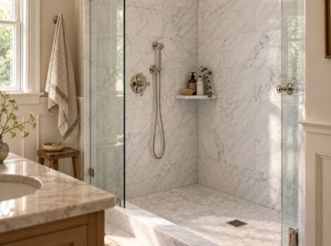 White Carrara honed marble shower with hexagon mosaic floor and marble threshold in Fairfax.