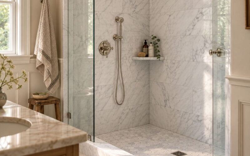 White Carrara honed marble shower with hexagon mosaic floor and marble threshold in Fairfax.