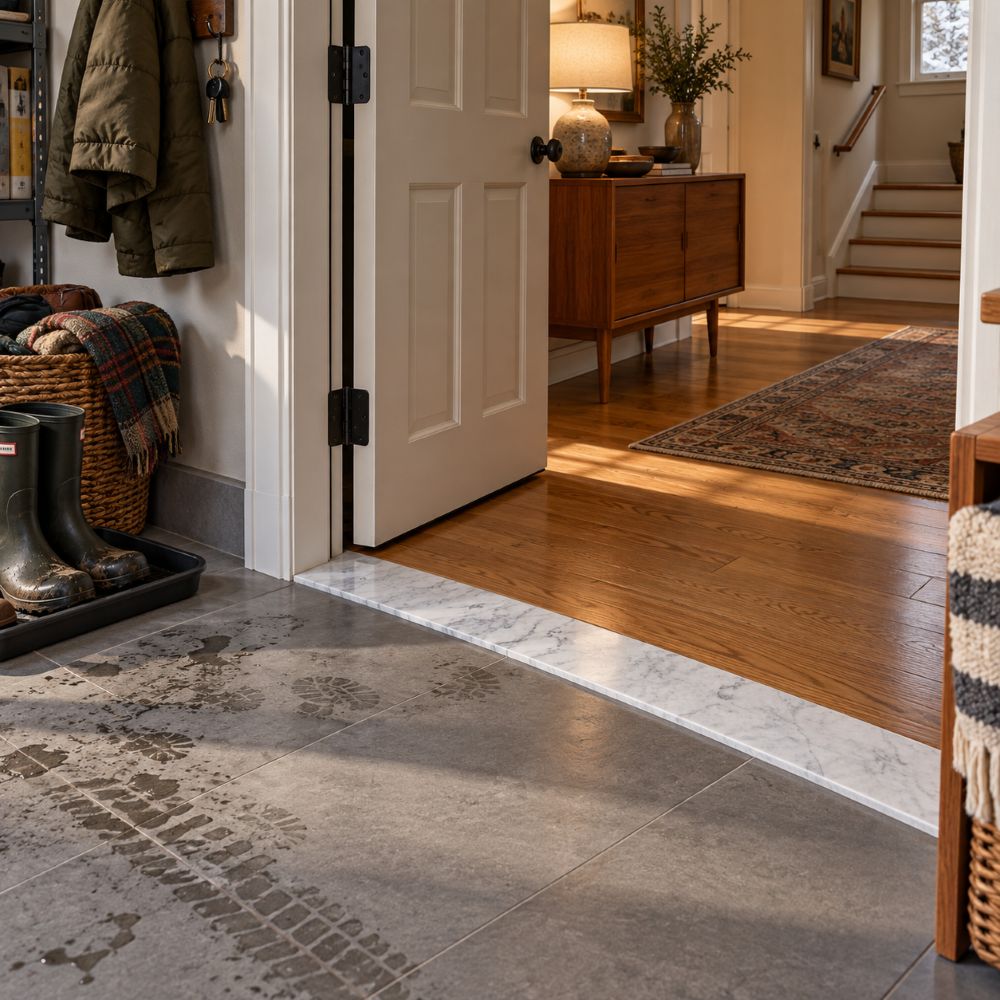 White Carrara honed marble threshold in an older Fairfax home.