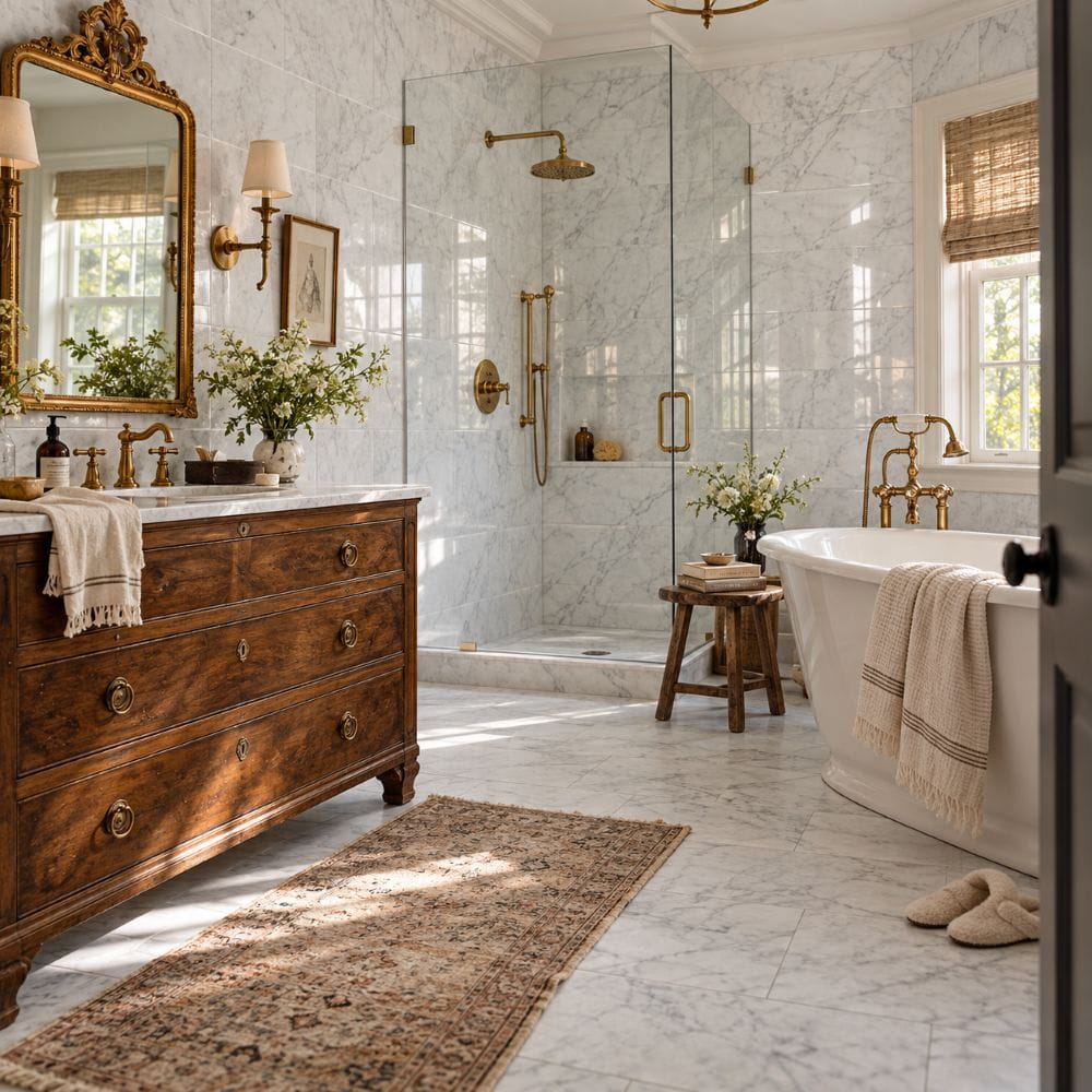 White Carrara honed marble walls and floor in a Fairfax bathroom renovation.