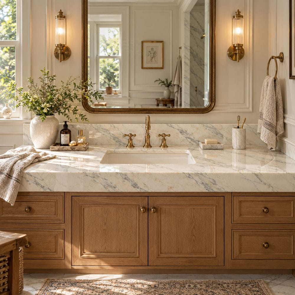 Calacatta Bella polished marble vanity in a Fairfax bathroom renovation.