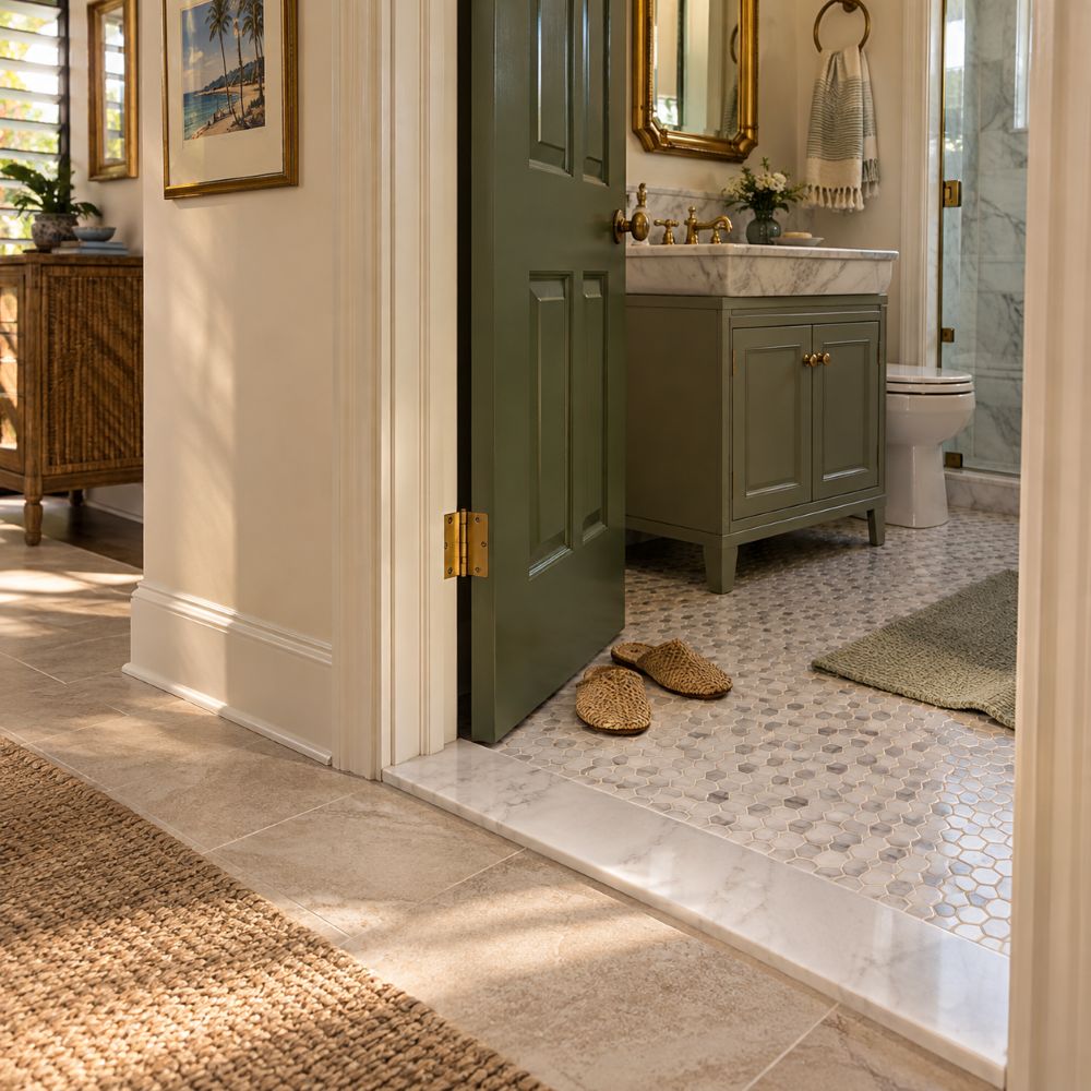 Bathroom doorway in Pompano Beach with a polished Avalon marble threshold.