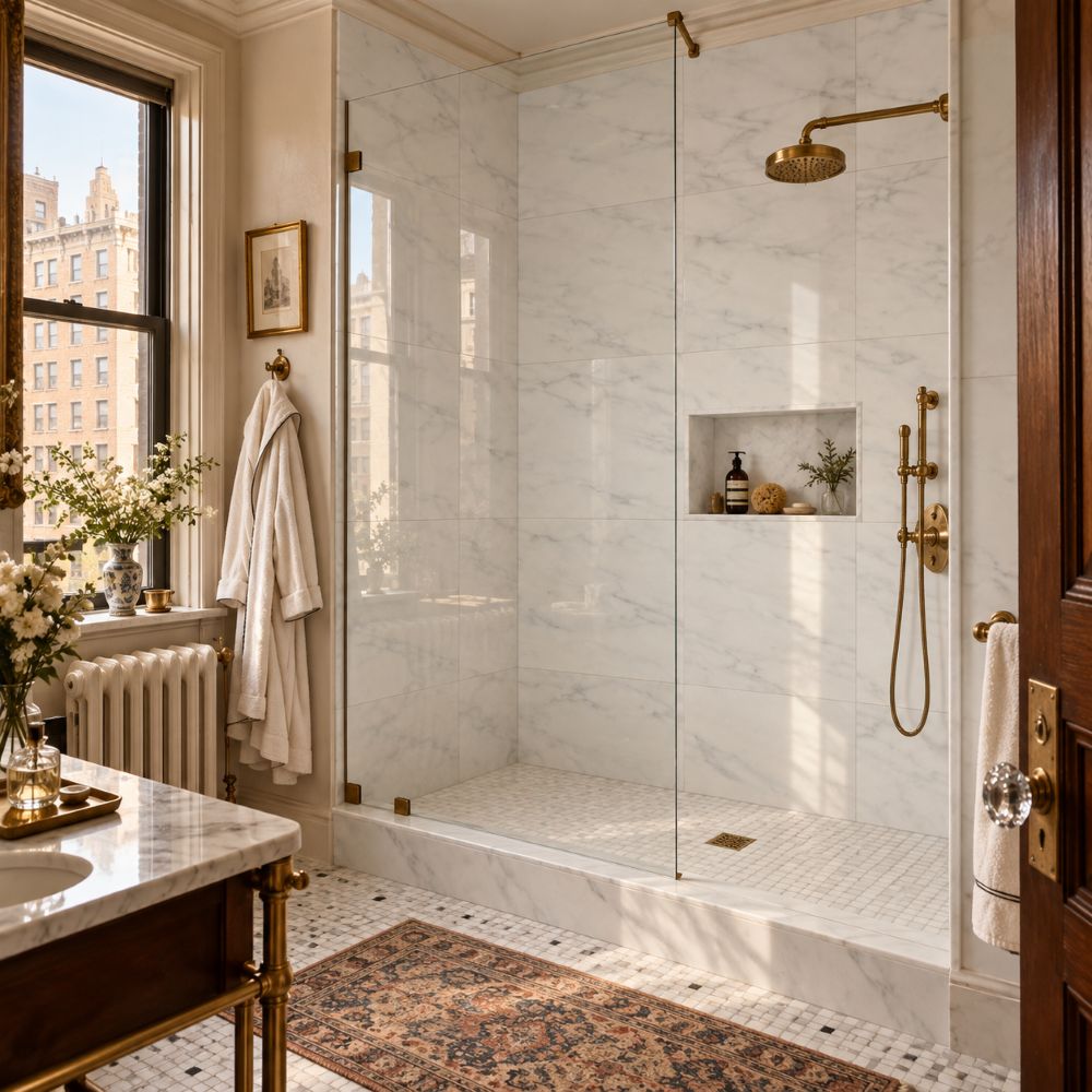 Avalon white marble 24x24 shower walls in a bathroom.