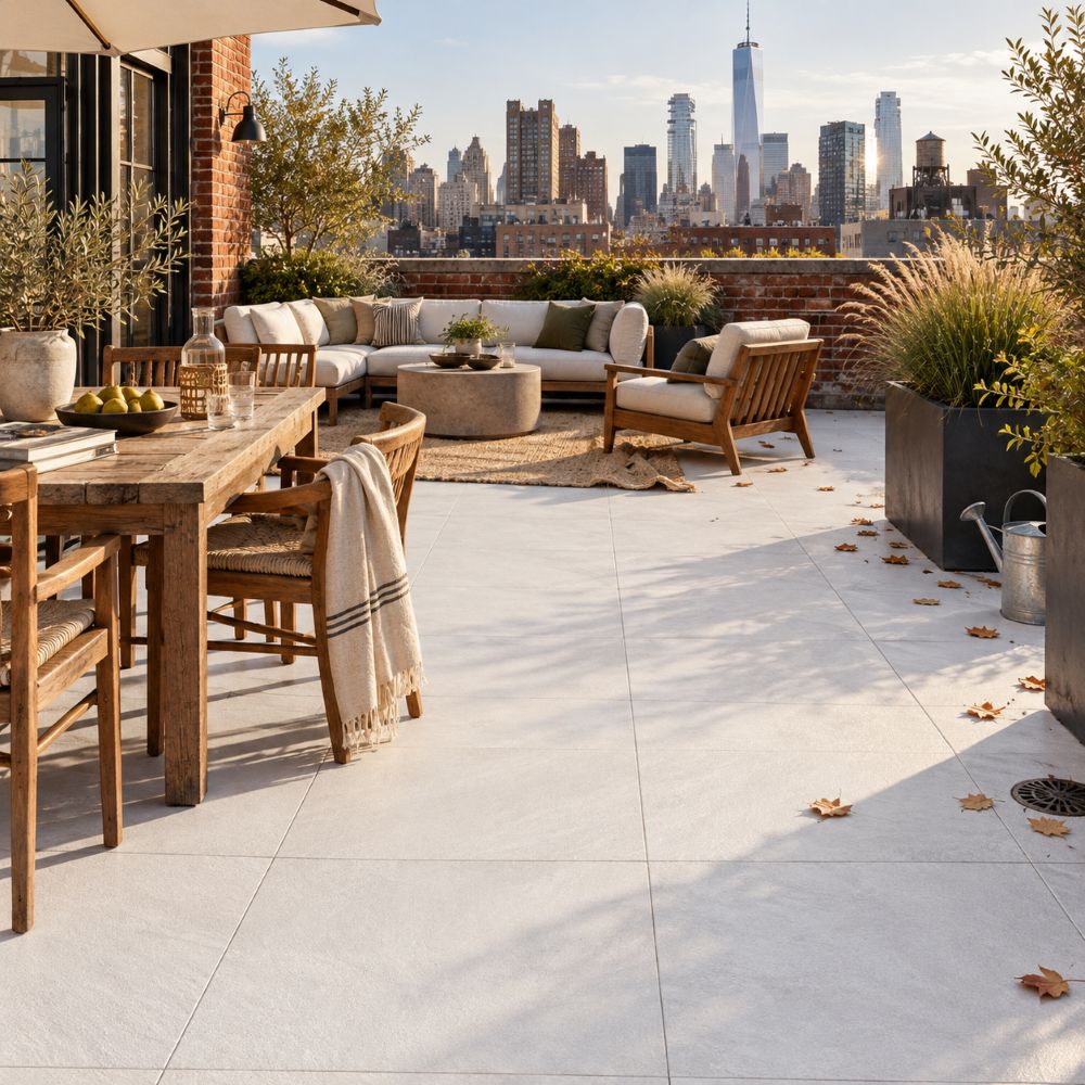 White roof deck pavers on a NY/NJ Metro Area rooftop terrace.