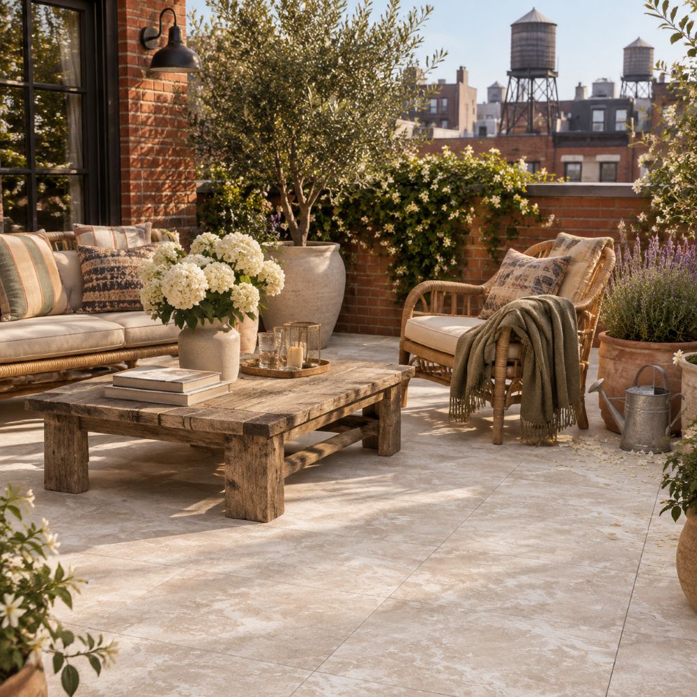NY/NJ Metro Area brownstone roof terrace finished with white textured porcelain pavers.